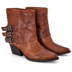 MILANO N6 Hand Made Italy Leather 3 Buckle Fold Over Booties Boots 37 EU Brown